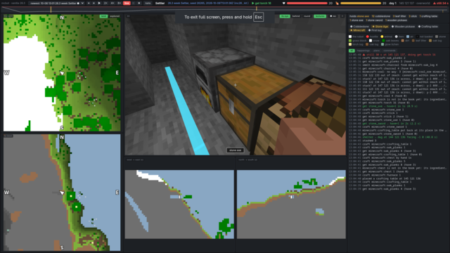 The dashboard during a run: maps of the land and of the robot's level, the 3D view of its shelter with a chest and a furnace, the cross sections, and its log of what it gets and crafts.
